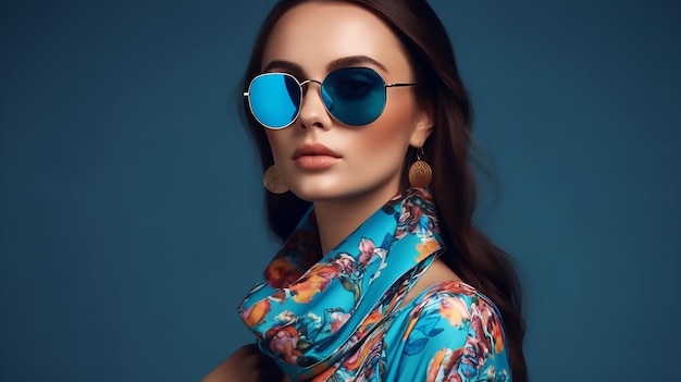 Beauty fashion model girl in trendy wear with bright makeupover blue background