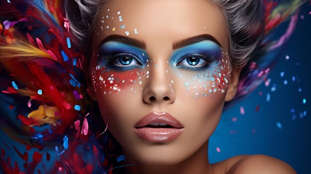 Beauty fashion portrait makeup closeup eye shadow bright lipstick Flower petals background