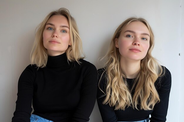 Photo beauty fashion portrait mother and daughter in a black turtleneck and blue denim skirt