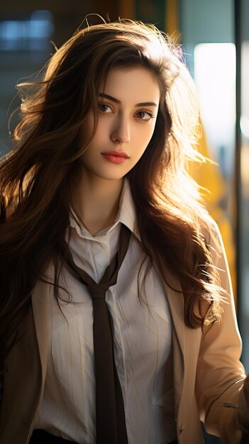 Beauty fashion portrait of smiling sensual asian young woman with dark long hair in white shirt