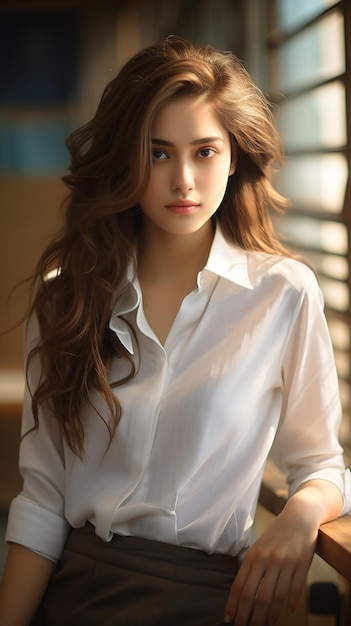Модный портрет улыбающейся чувственной азиатской молодой женщины с темными длинными волосами в белой рубашке