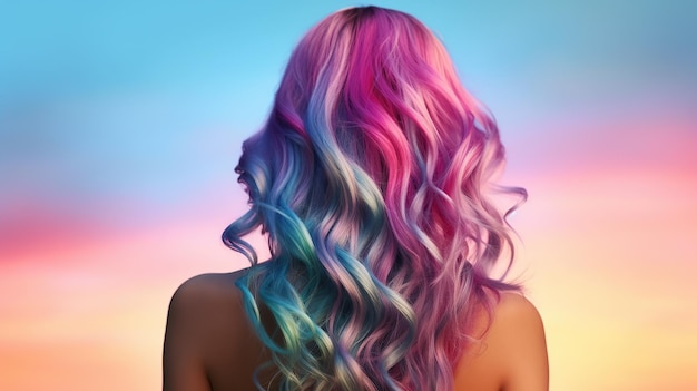 Beauty fashion woman with colorful blue pink and violet dyed hair view from back Generative AI