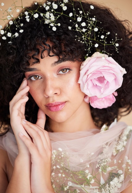beauty flowers and portrait of woman with makeup cosmetics and hair care for wellness glamour and glow spring aesthetic spa and face of girl for natural skincare and facial treatment in studio