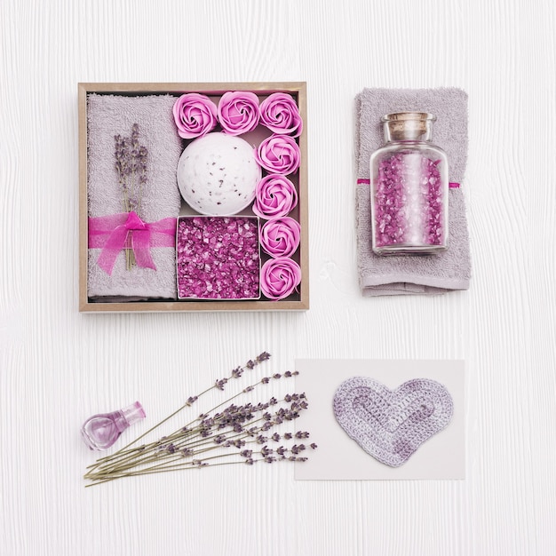 Beauty gift box. Spa relax home with lavender flowers and lavender oil, bath bomb, sea salt, bath roses