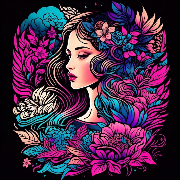 Beauty girl and flowers doodle style on fantasy background images with ai generated
