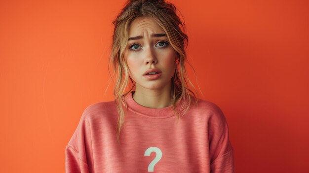 Photo beauty girl wearing sweatshirt question symbol confused face expression