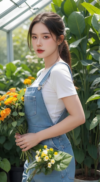 beauty girl with flower in garden outdoor photoshoot generative ai