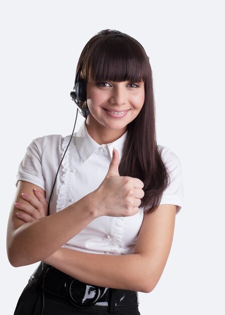 Beauty girl with headset thumbs up