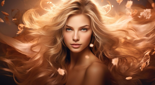 Beauty girl with long shiny hair glowing skin and voluminous haircut