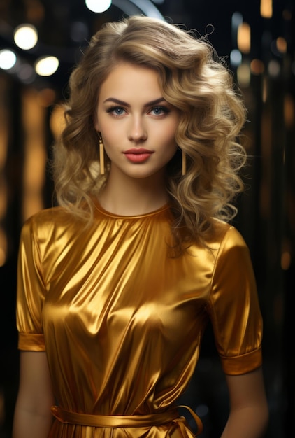 Красивая блестящая и блондинка с золотым макияжем на черном фоне с художественной краской и косметикой