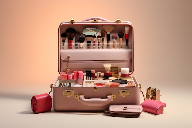 Beauty on the go an open makeup pouch revealing an array of travelsized cosmetics