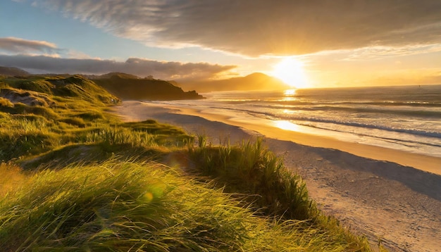 Photo beauty of green grass white sand and the sea