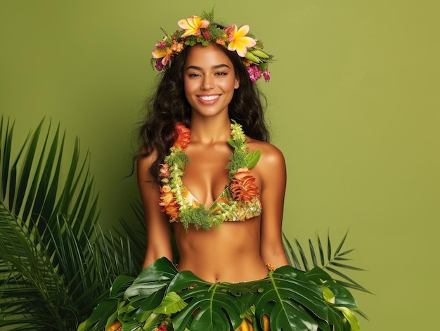 Beauty Hawaiian smiling young Woman model wearing a skirt made of banana leaves garland of tropical