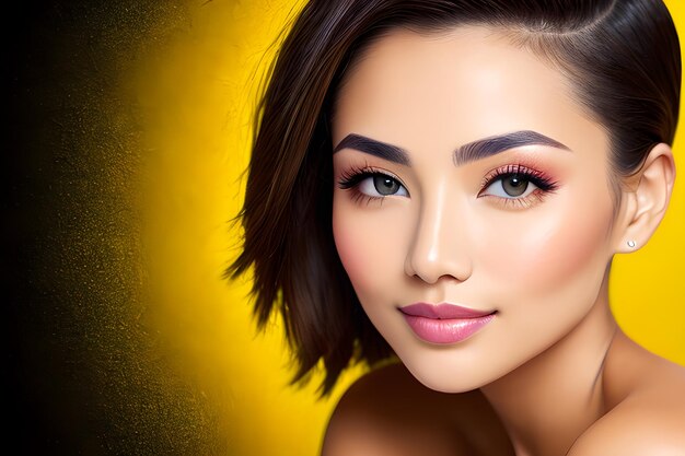 Photo beauty and healthy skin woman with natural make up on yellow background