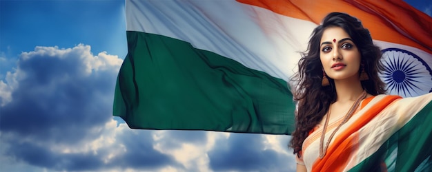インドの美しさ インドの伝統的な衣装であるサリーを着た女性がインドの国旗を持ちながら写真のポーズをとっている