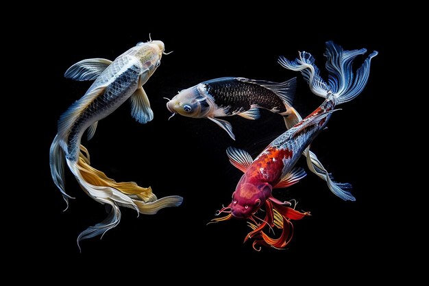 Photo beauty koi fish swimming on black background circular yin and yang