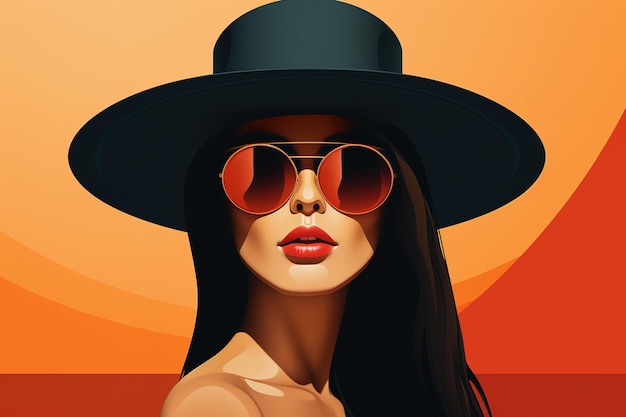 Beauty lady with red lipstick in sunglasses and black round hat stylish fashion magazine retro illustration Portrait of sensual face of young woman model femininity