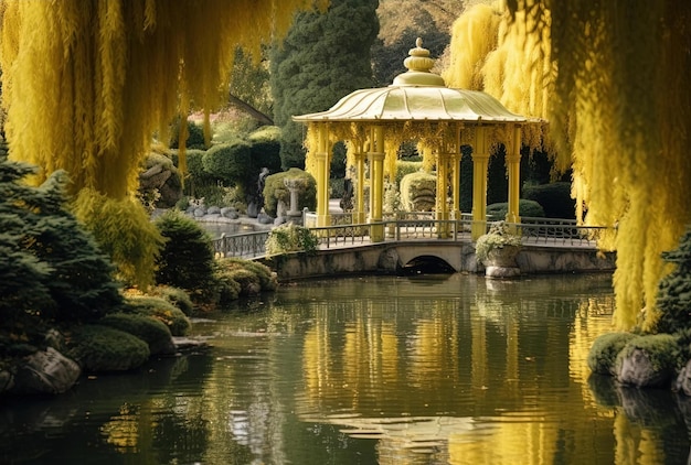 the beauty of lake and gazebo a waterfall in natural setting