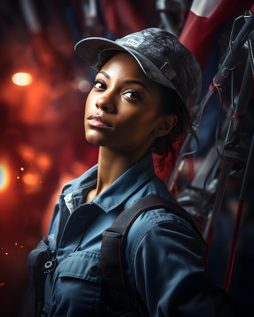 A beauty latin woman posing proud with cap and militar suit