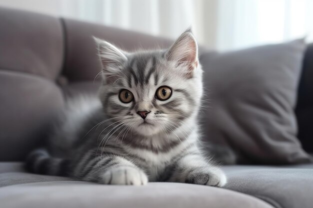 Beauty of a Little Cat on a Grey Sofa