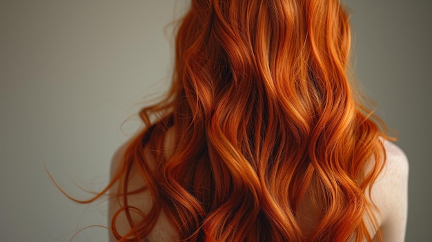 뒷면으로 긴 고급스러운 빨간 머리카락의 아름다움 건강한 머리카락을 가진 화려한 모델 소녀 긴 부드러운 반이는 직선 머리카락 헤어 스타일 헤어 화장품 또는 헤어 케어