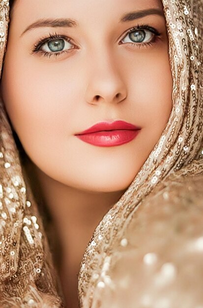 Красота, роскошная мода и гламурная женщина, одетая в золото