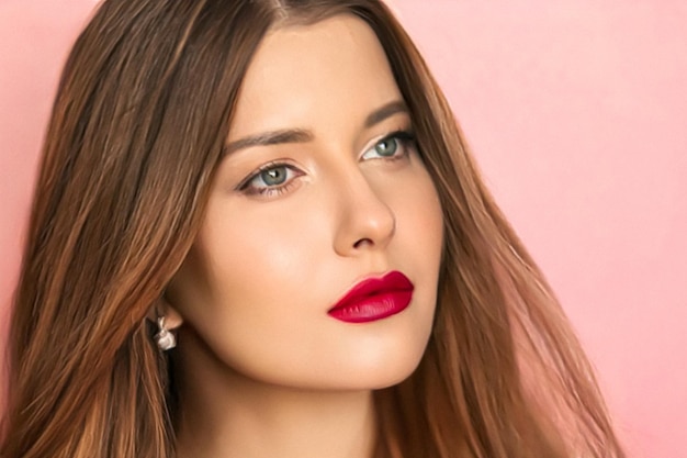 Beauty make-up en kapsel mooie vrouw met rode matte lippenstift make-up op roze achtergrond als bruids make-up look mode en glamour model gezicht portret voor cosmetica huidverzorging en haarverzorging