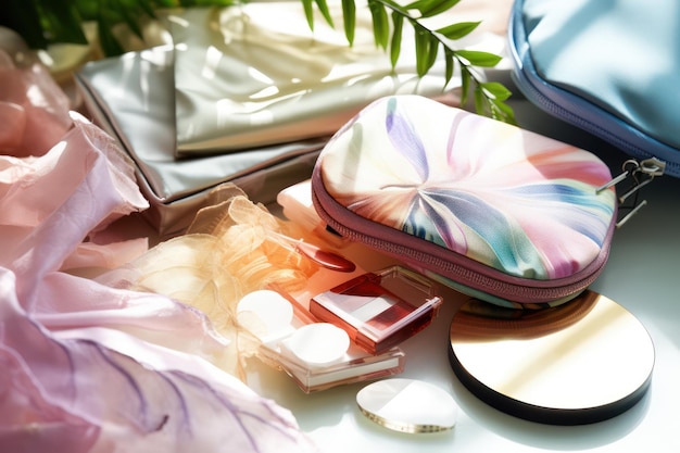 Beauty Makeup Bag on Table A simple elegant setup with a stylish makeup bag on a table