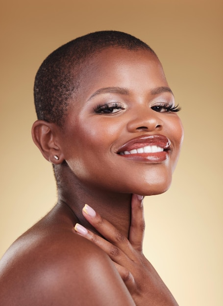 Beauty makeup and face portrait of a black woman in studio for self care skin glow and cosmetics Happy african person or aesthetic model with facial shine dermatology on beige background