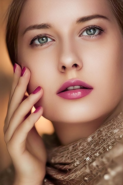 Beauty makeup and glamour face portrait of beautiful woman with manicure and purple lipstick makeup wearing gold for luxury cosmetics style and fashion