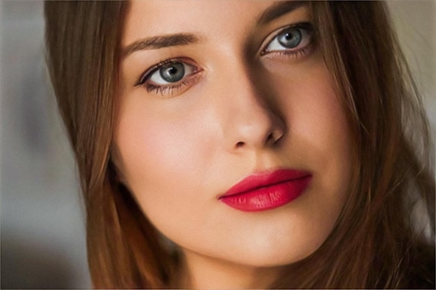뷰티 메이크업 및 스킨케어 화장품 모델 얼굴 초상화 빨간 립스틱 메이크업 햇볕에 쬐인 청동 빛나는 피부를 가진 아름다운 여성