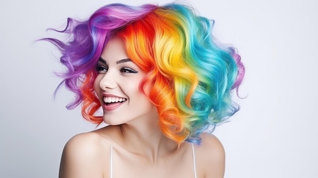 Photo beauty model girl with colorful rainbow hairstyle girl with perfect makeup and hairstyle