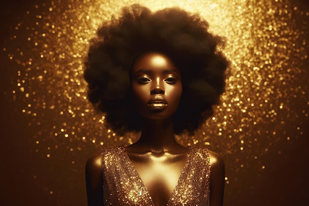 Beauty Model in Golden Dress with Gold Jewelry Fashion African American Woman in Luxury Gown with Curly Brown Hair over Background with Glowing Glitter Particles