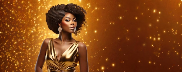 빛나는 반짝이 입자와 배경 위에 곱슬 갈색 머리와 럭셔리 가운에 금 보석 패션 아프리카 계 미국인 여자와 황금 드레스의 아름다움 모델
