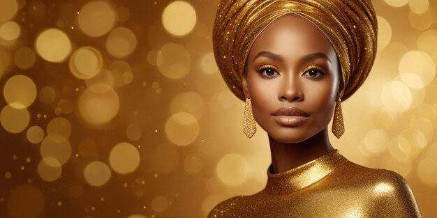 Beauty Model in Golden Dress with Gold Jewelry Fashion African American Woman in Luxury Gown with Curly Brown Hair over Background with Glowing Glitter Particles