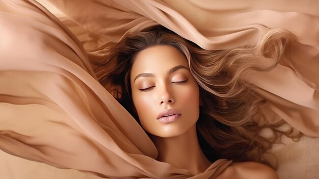 Beauty Model Portrait in Beige Chiffon Fabric flying on Wind