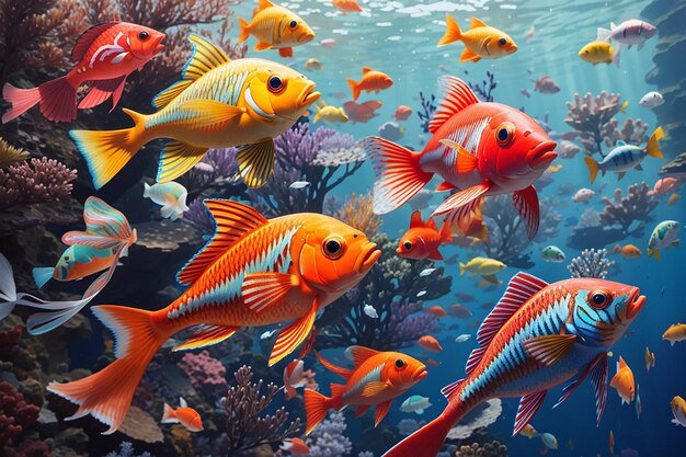 Beauty and multi colored fishes swiming