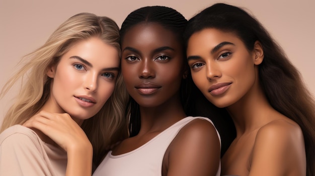 Photo beauty multi ethnic group of womans with diffrent types of skin together against beige background created with generative ai technology