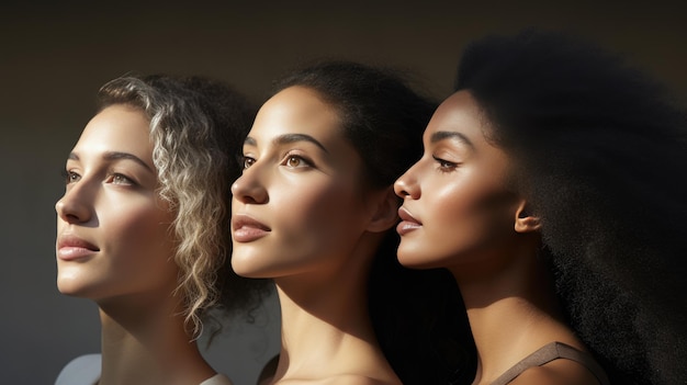 Photo beauty multi ethnic group of womans with diffrent types of skin together against grey background created with generative ai technology