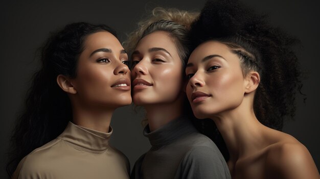 Красота многоэтнической группы женщин с разными типами кожи вместе на сером фоне. Создано с помощью технологии генеративного искусственного интеллекта.