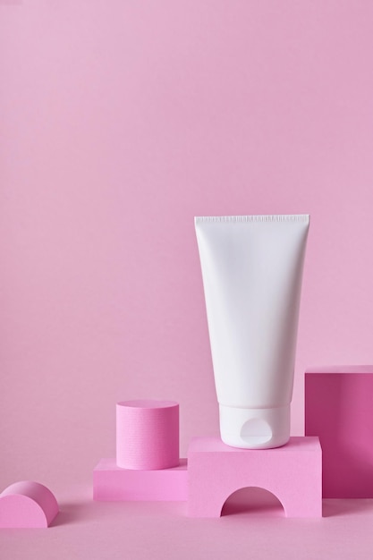 Beauty natural skincare product mock up Cream tube on different geometric podiums Body Skincare products presentation