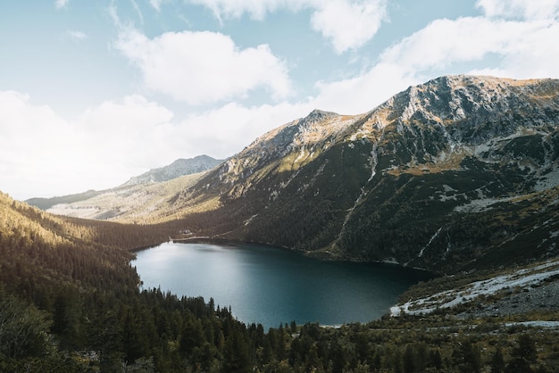 The beauty of nature concept background Fantastic panorama of Tatra mountains and Lake with turquoise color in Poland Picturesque sunset in the Mountains of Europe