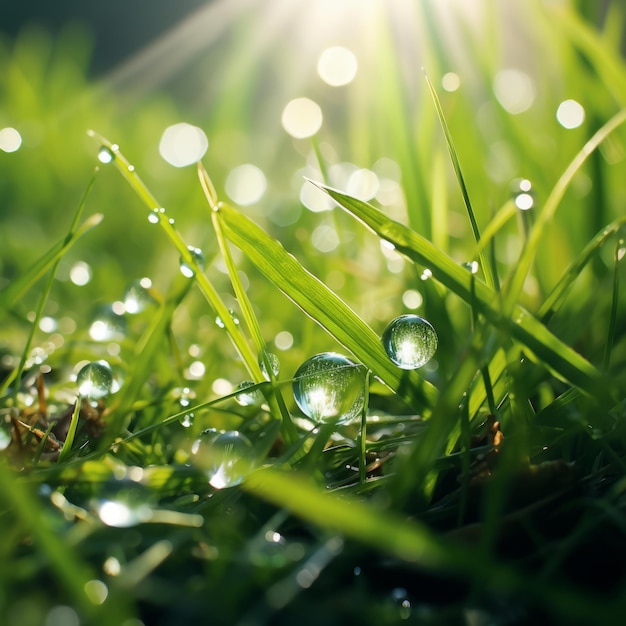 自然 の 美しさ 緑 の 草 に 降る 爽やか な 雨 の 滴 と 輝く 太陽 の 光