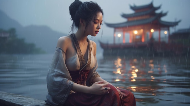 Photo a beauty oriental chinese girl on lake illustration