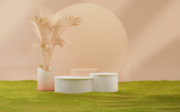 Beauty pedestal with beige podium round display frame rose flower on green grass field3d render