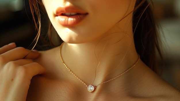 Beauty people and jewelry concept beautiful young woman wearing shiny diamond pendant