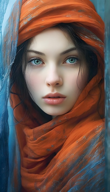 Beauty photos of beautiful young woman with scarf in the style of dark orange and azure michael ko