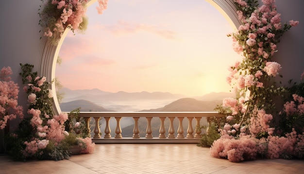 beauty podium surrounded by lush greenery set against a backdrop of a dreamy Romantic 3d scene