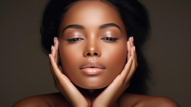 Beauty portrait of African American girl Beautiful black woman touch her face Facial treatment Cosmetology skin care and spa