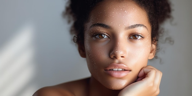 사진 건강한 피부 질감과 얼굴에 얼굴이 있는 흑인 여성의 아름다움 초상화